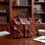 Office setting with leather laptop messenger bag