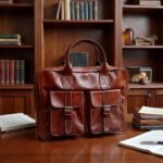Professional leather laptop messenger bag in study with wooden bookshelf displaying brass hardware