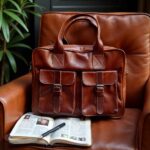 Brown leather laptop messenger bag on tan leather armchair with open notebook showing craftsmanship