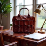 Professional leather laptop bag on wooden desk