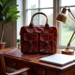 Vintage-style leather laptop messenger bag on wooden desk by window in modern office setting