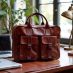 Full-grain leather laptop messenger bag on office desk with laptop showing professional workspace