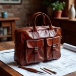 Cognac leather laptop messenger bag on drafting table with architectural plans and writing tools