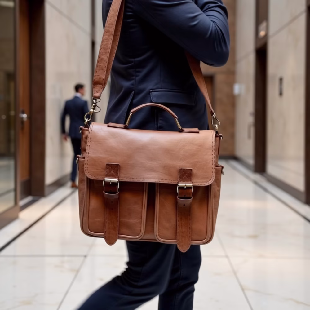 Mens leather shoulder bag in urban setting front view