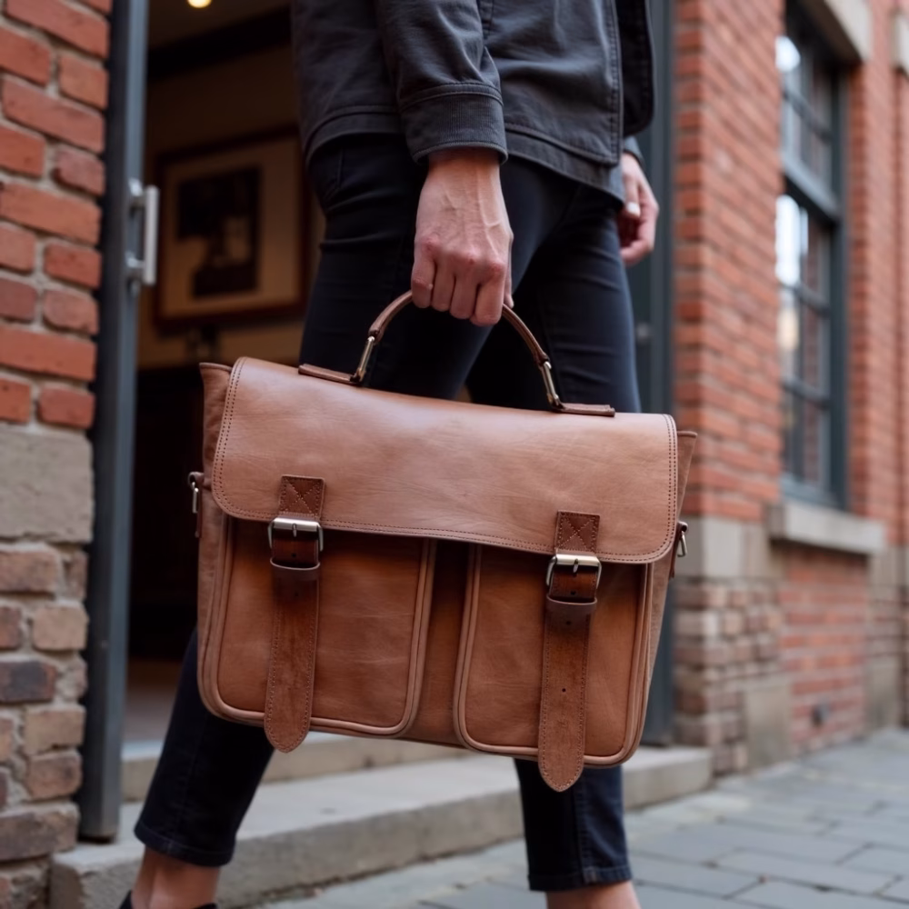 Professional with leather shoulder bag walking