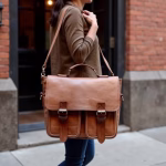Person carrying light brown leather shoulder bag