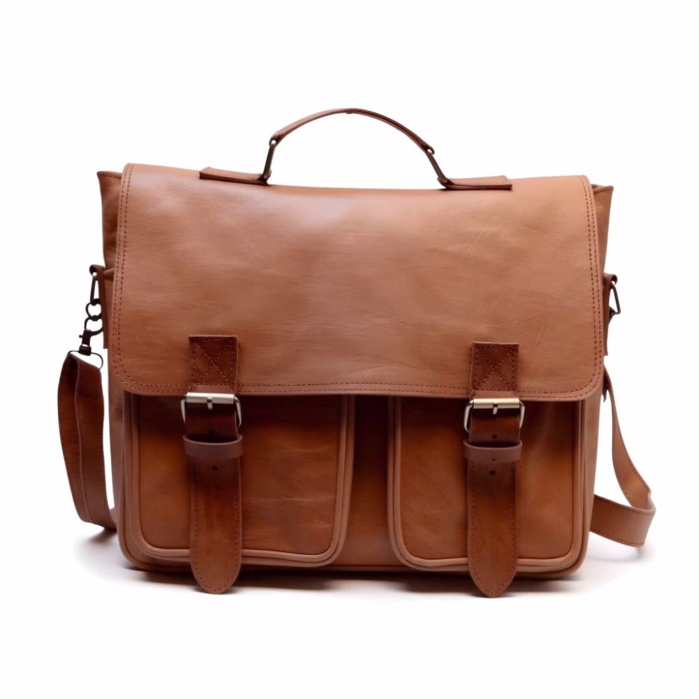 Front view product shot of mens leather shoulder bag