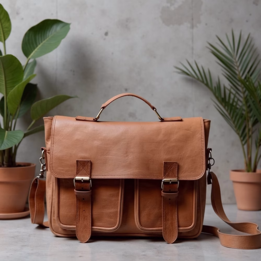 Leather satchel with plant decor background