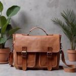 Leather satchel with plant decor background