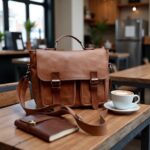 Professional mens leather shoulder bag on cafe table with coffee showing front pocket organization