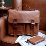 Leather shoulder bag with notebook and accessories