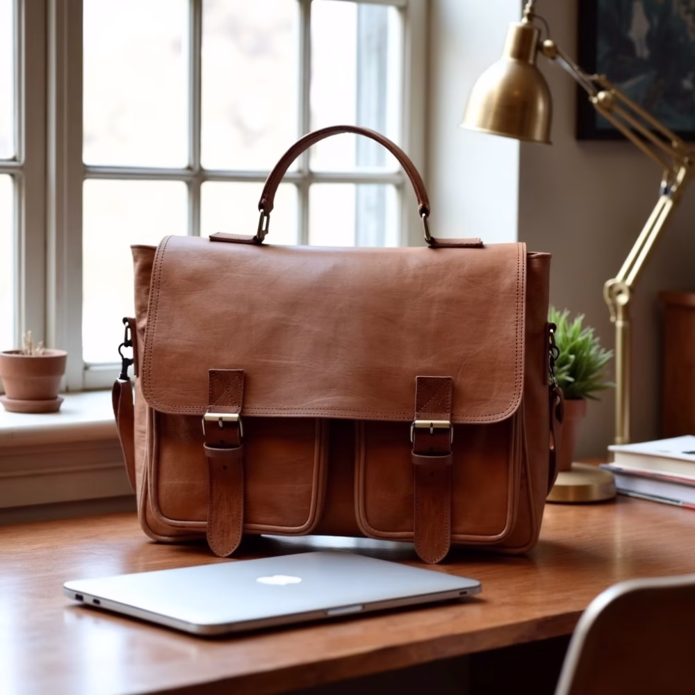 Professional leather shoulder bag in workspace