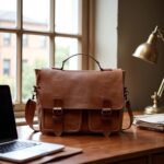 Artisan mens leather shoulder bag on workspace table with architectural plans and tools