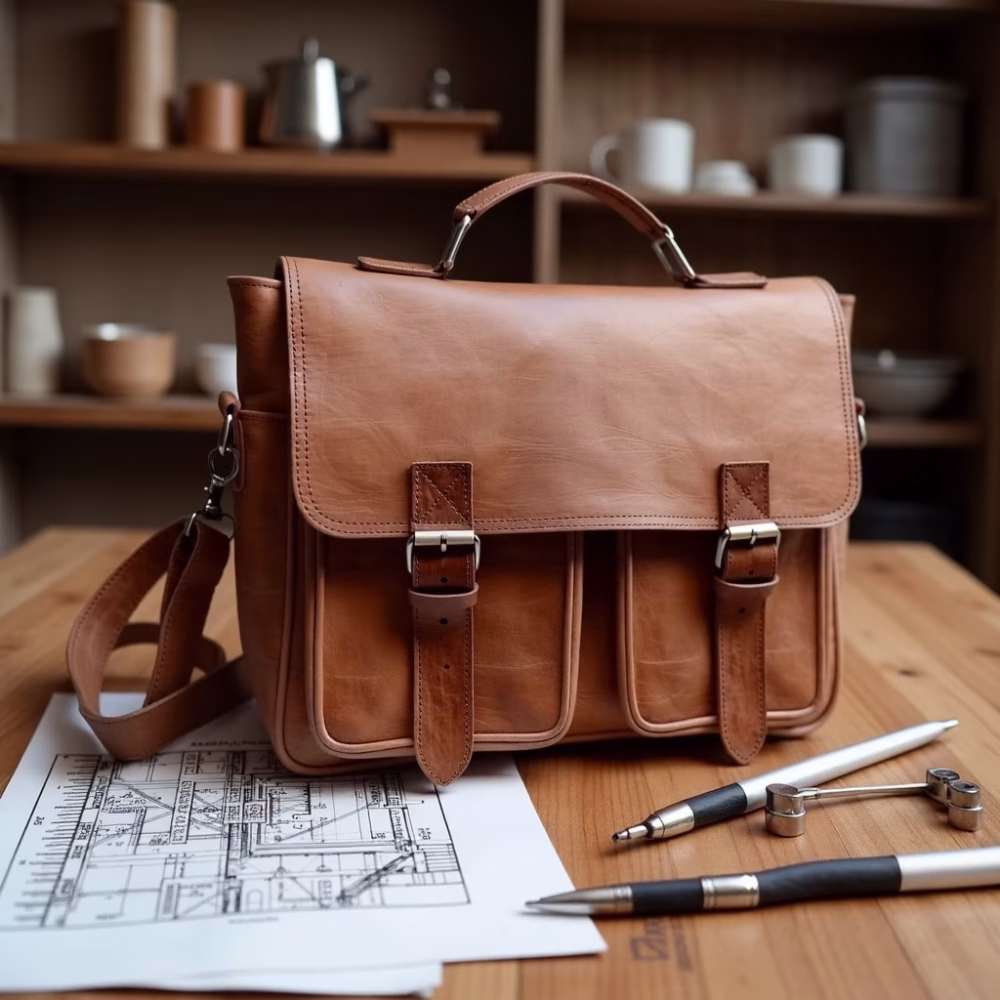 Light brown leather shoulder bag in office setting
