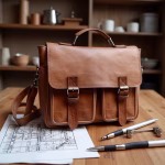 Light brown leather shoulder bag in office setting