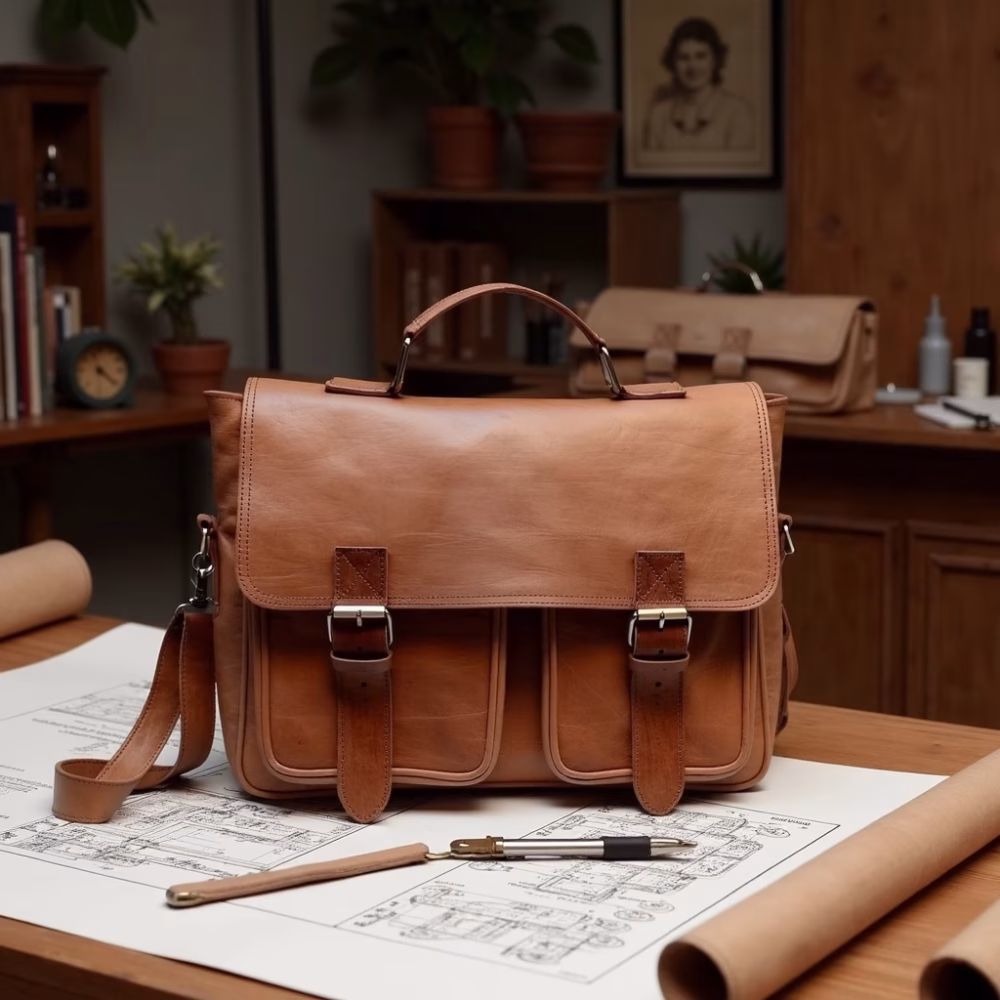 Leather shoulder bag on desk with architectural plans