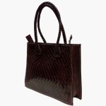 Dark brown woven leather tote bag with glossy basketweave finish and braided handles, structured silhouette