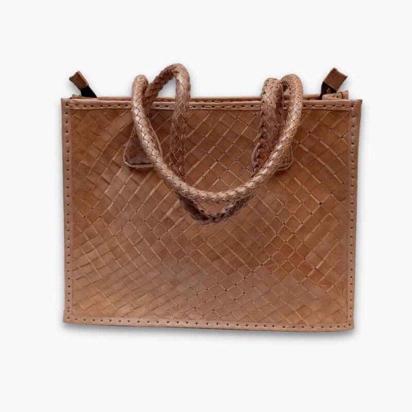 Tan woven leather tote bag top view showing basketweave pattern, braided handles, and contrast stitching detail