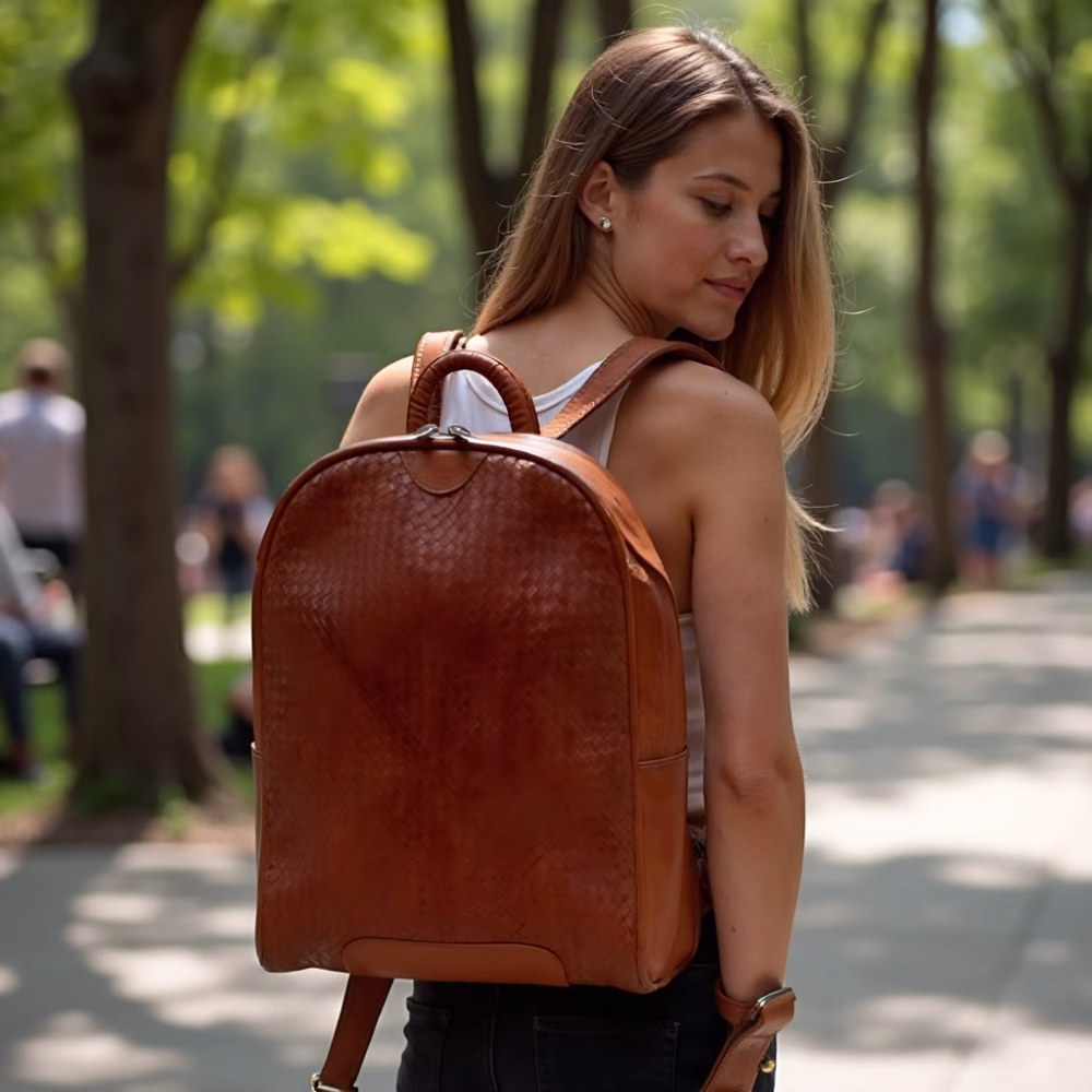 Woman wearing brown woven leather backpack outdoors