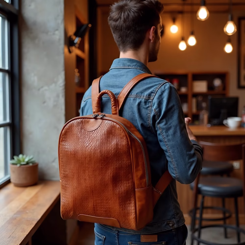Professional wearing brown leather backpack