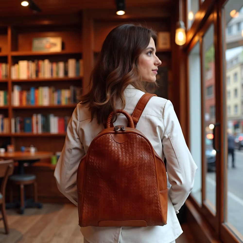 Person wearing woven leather backpack in library