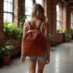 Woven leather backpack front view showing basket-weave pattern on rustic wooden bench