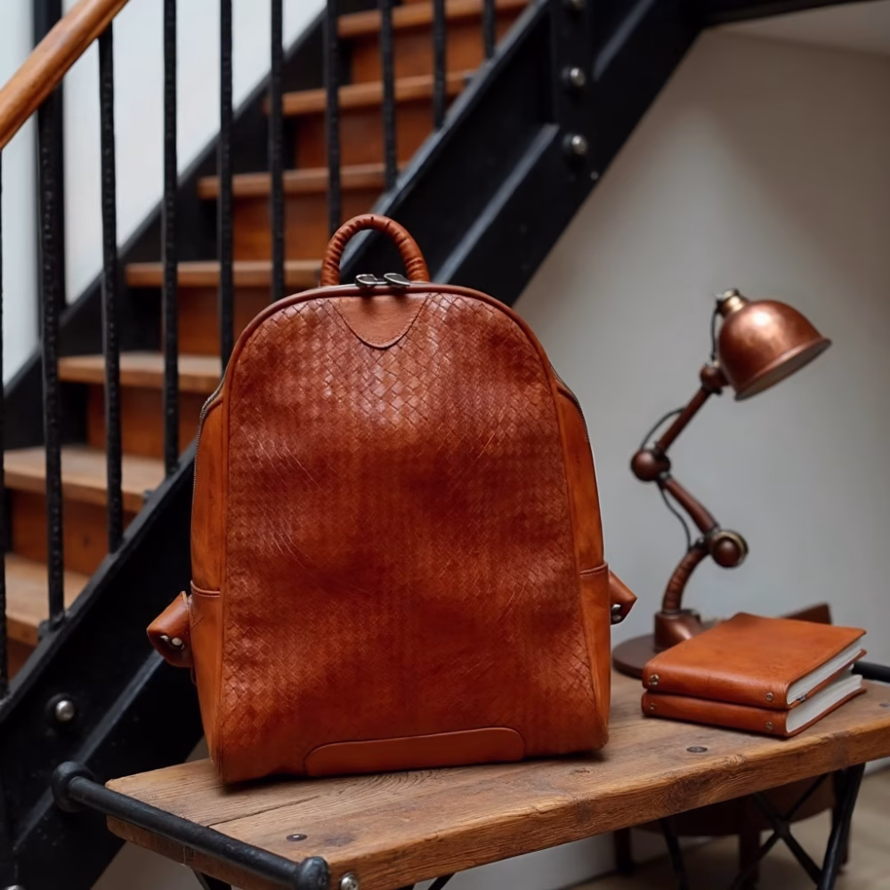 Woven leather backpack styled with desk lamp