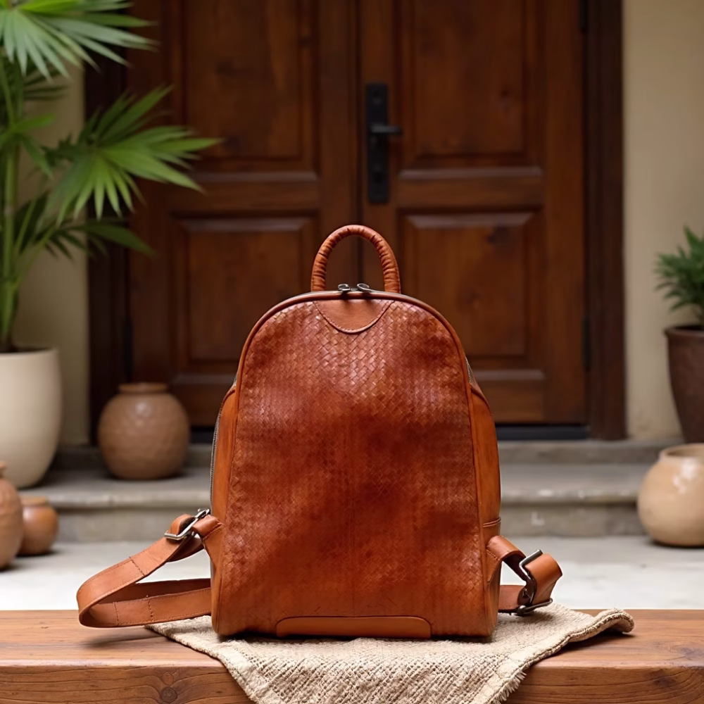 Front view of handcrafted leather backpack