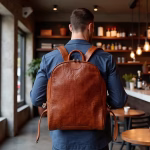 Man with woven leather backpack in cafe
