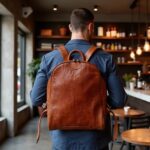 Man wearing woven leather backpack in blue shirt inside modern café with wooden shelves