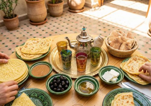 An overhead view of a rich Moroccan breakfast featuring Baghrir pancakes, Msemen flatbread, and bowls of Amlou, olives, and honey, served with traditional Moroccan mint tea in a sunny Riad setting.