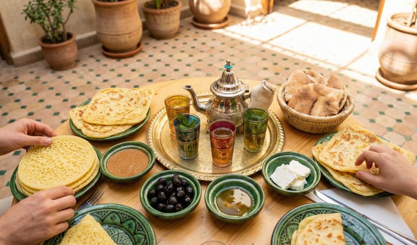 An overhead view of a rich Moroccan breakfast featuring Baghrir pancakes, Msemen flatbread, and bowls of Amlou, olives, and honey, served with traditional Moroccan mint tea in a sunny Riad setting.