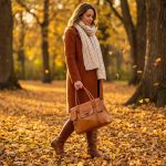 A woman walking through an autumn park with falling leaves, carrying a cognac leather tote bag and wearing a rust-colored coat.