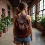 Casual brown woven leather backpack with basket-weave texture worn in industrial loft setting
