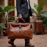 Man with leather duffle bag and luggage in elegant lobby, premium travel leather duffle bag for business trips