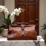 Brown leather duffle bag with orchid decoration
