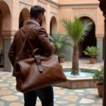 Man carrying brown leather duffle bag over shoulder in courtyard, classic travel leather duffle bag in use