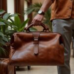 Leather duffle bag displayed on marble with orchid, cognac brown handcrafted travel bag with brass buckle