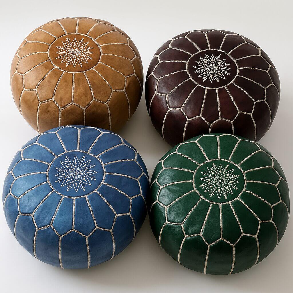 Four differently colored round pouffe ottoman seats—camel, espresso, blue, and emerald—arranged on a white studio backdrop. Four handcrafted leather floor ottomans in tan, brown, blue, and green with white embroidered star design and geometric stitching