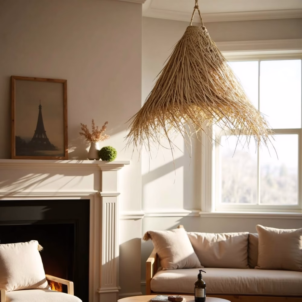 Palm leaf lampshade in sunlit living room setting