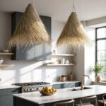 Handwoven palm leaf pendant lights creating filtered ambiance above dining table with black chairs