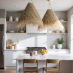 Group of handwoven palm leaf pendant lights with artisan-crafted conical shape in bright interior