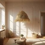 Large handwoven palm leaf pendant light with natural fibers casting dramatic shadows in sunlit hallway