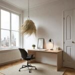 45cm handwoven palm leaf pendant light with natural straw texture illuminating minimalist home office