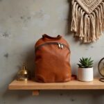 Brown leather backpack purse displayed on shelf with succulent, handcrafted bag showing natural patina