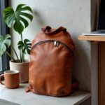 Brown leather backpack purse on white chair by window, minimalist design with drawstring closure