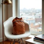 Professional carrying brown leather backpack purse in modern office, business-ready laptop bag