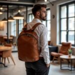 Back view of brown leather backpack purse showing wide adjustable straps and zipper pocket compartment