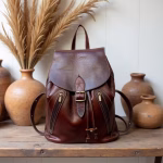 Handcrafted leather backpack styled with traditional Moroccan decor
