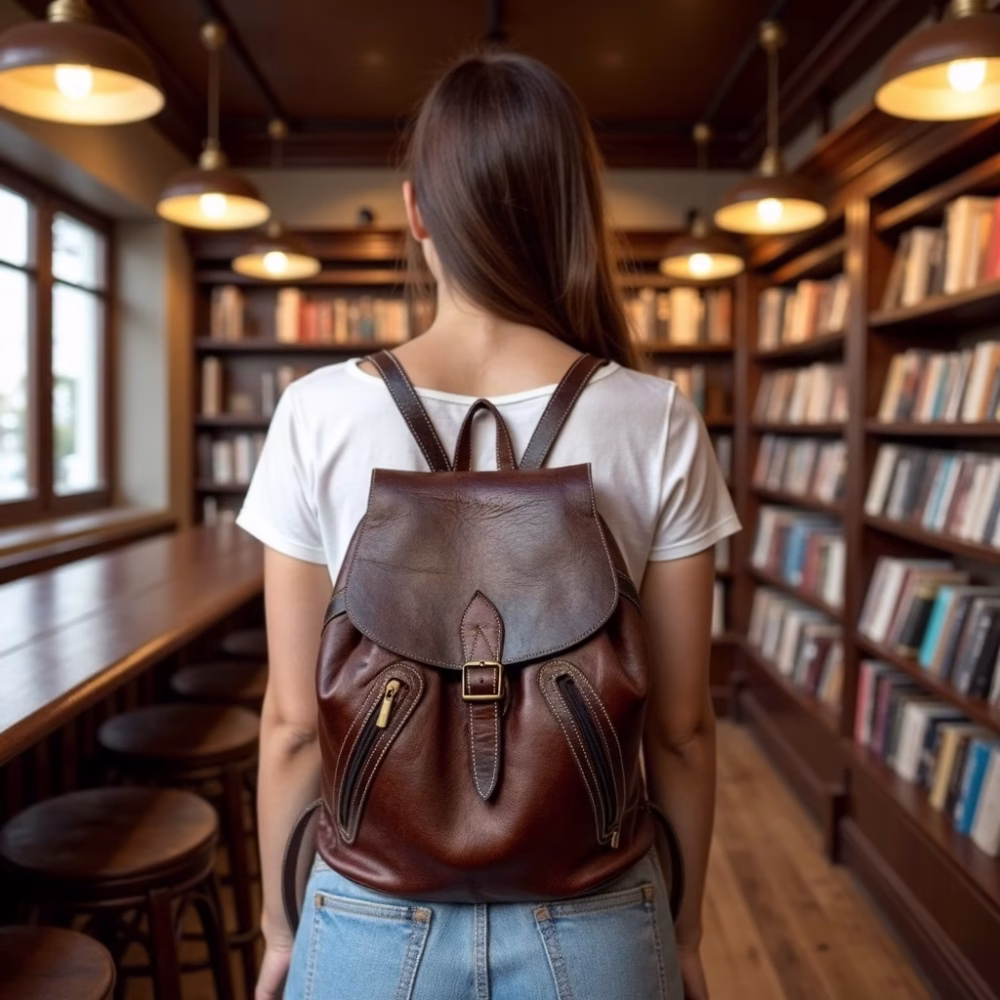 Person wearing handmade leather backpack in library setting